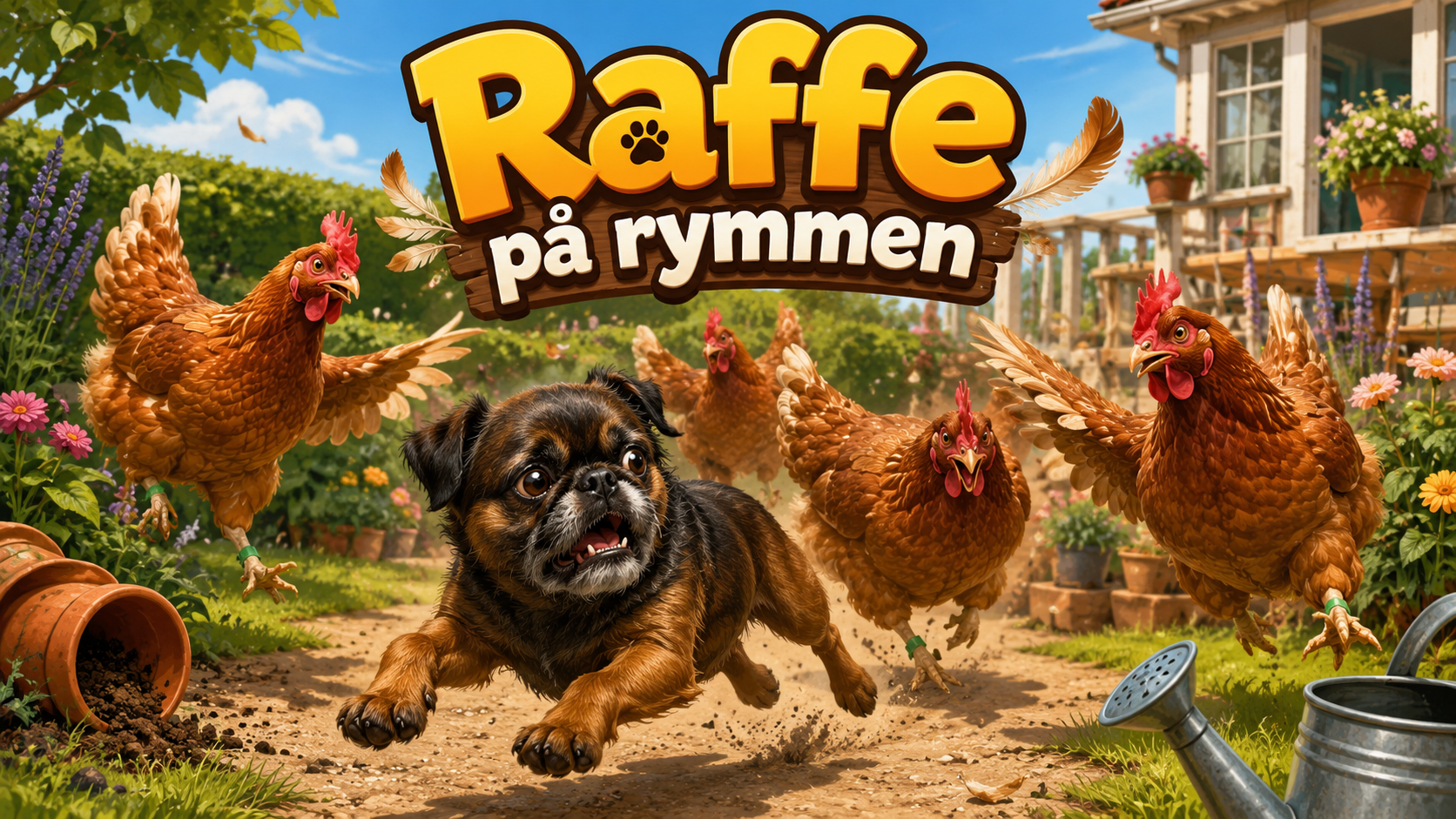 Raffe flyr genom trädgården med fyra hönor tätt efter sig